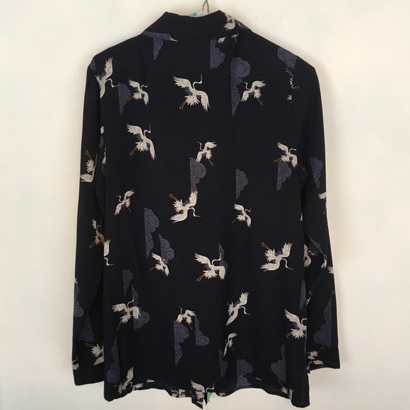 T Tahari Navy Blue Crane Print Button Down Shirt - Picture 3 of 5